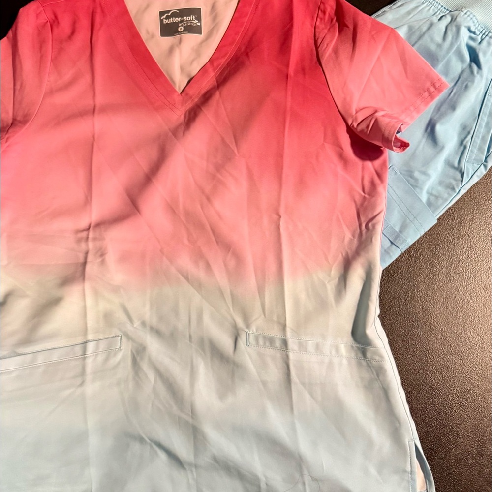 Butter-Soft Pink/White Ombre Scrub Top & Light Blue Pants